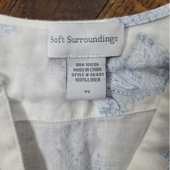 Soft Surroundings White Blue Paisley Floral Button Down Linen Shirt Coastal - Picture 8 of 11